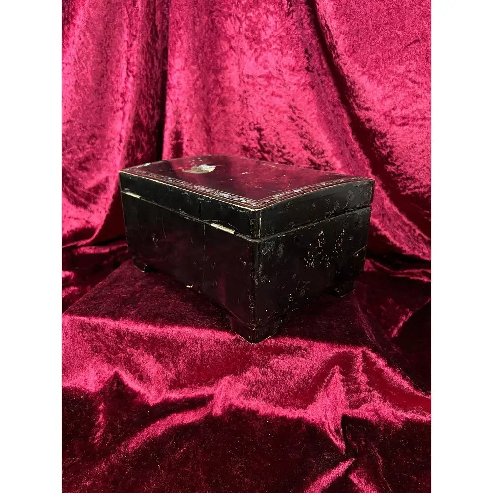 Vintage Black Lacquer Jewelry Box - Mother of Pearl Painted Peacock Vanity Chest